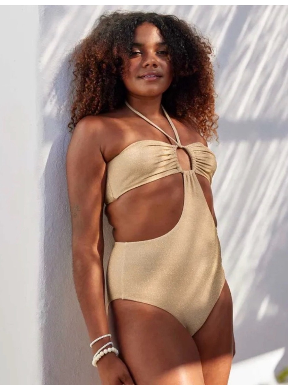 aerie Gold Shimmery Cutout One-Piece Swimsuit